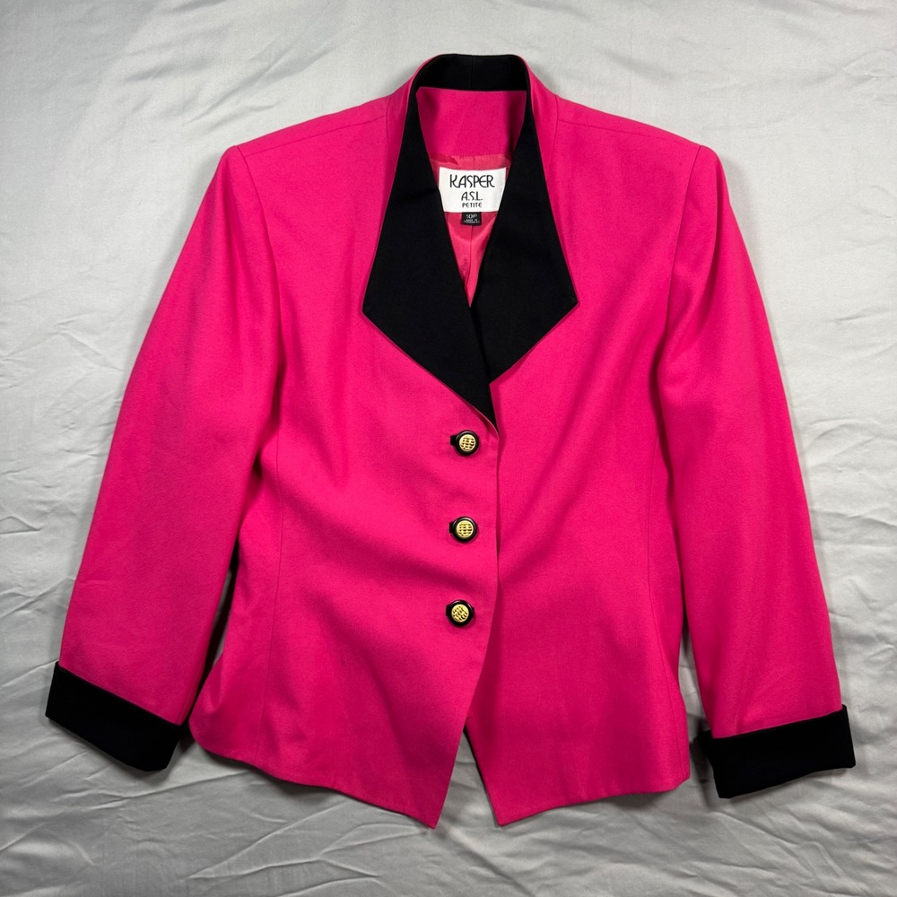 Kasper A.S.L Petite Pink Blazer Black Contrast Lapel Gold Buttons 10P Academia
